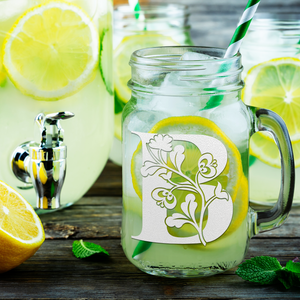 Monogram Blooming Floral Initial Letter B Etched on 16 oz Mason Jar Glass