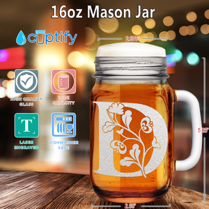 Monogram Blooming Floral Initial Letter D Etched on 16 oz Mason Jar Glass