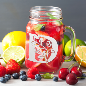 Monogram Blooming Floral Initial Letter D Etched on 16 oz Mason Jar Glass