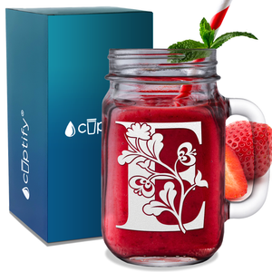 Monogram Blooming Floral Initial Letter E Etched on 16 oz Mason Jar Glass