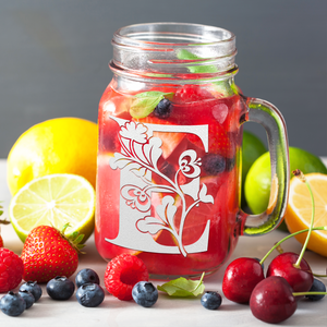 Monogram Blooming Floral Initial Letter E Etched on 16 oz Mason Jar Glass