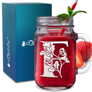 Monogram Blooming Floral Initial Letter F Etched on 16 oz Mason Jar Glass