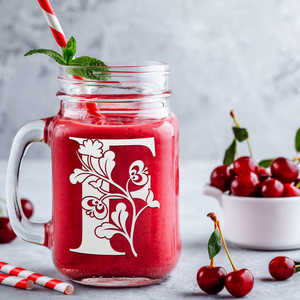 Monogram Blooming Floral Initial Letter F Etched on 16 oz Mason Jar Glass