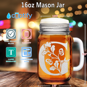 Monogram Blooming Floral Initial Letter G Etched on 16 oz Mason Jar Glass