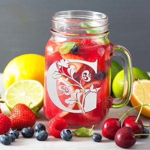 Monogram Blooming Floral Initial Letter G Etched on 16 oz Mason Jar Glass