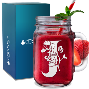 Monogram Blooming Floral Initial Letter J Etched on 16 oz Mason Jar Glass