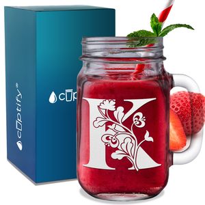 Monogram Blooming Floral Initial Letter K Etched on 16 oz Mason Jar Glass
