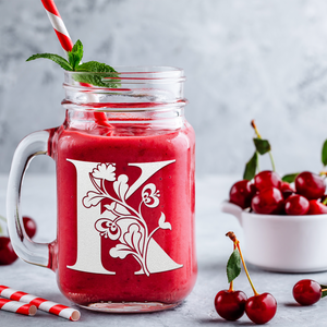 Monogram Blooming Floral Initial Letter K Etched on 16 oz Mason Jar Glass