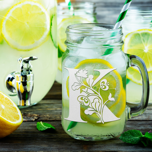 Monogram Blooming Floral Initial Letter K Etched on 16 oz Mason Jar Glass