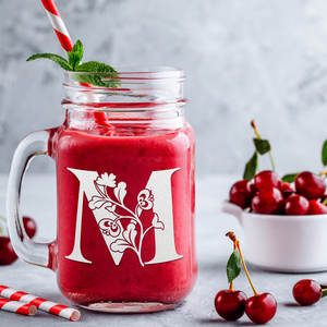 Monogram Blooming Floral Initial Letter M Etched on 16 oz Mason Jar Glass