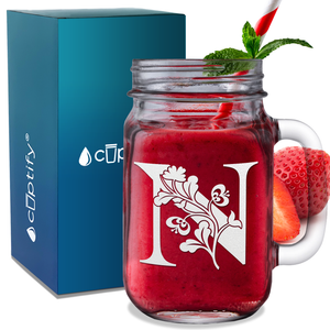 Monogram Blooming Floral Initial Letter N Etched on 16 oz Mason Jar Glass