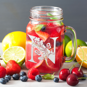 Monogram Blooming Floral Initial Letter N Etched on 16 oz Mason Jar Glass