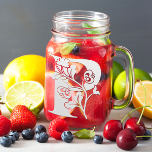 Monogram Blooming Floral Initial Letter P Etched on 16 oz Mason Jar Glass
