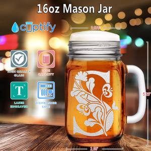 Monogram Blooming Floral Initial Letter S Etched on 16 oz Mason Jar Glass