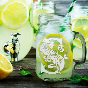 Monogram Blooming Floral Initial Letter S Etched on 16 oz Mason Jar Glass