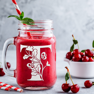 Monogram Blooming Floral Initial Letter T Etched on 16 oz Mason Jar Glass