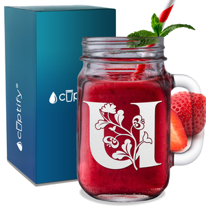 Monogram Blooming Floral Initial Letter U Etched on 16 oz Mason Jar Glass