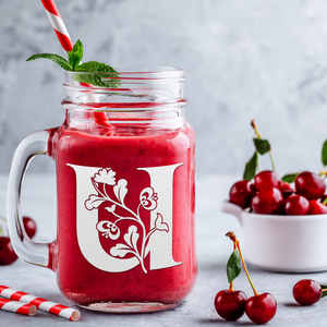 Monogram Blooming Floral Initial Letter U Etched on 16 oz Mason Jar Glass