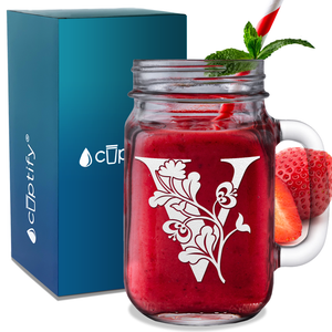 Monogram Blooming Floral Initial Letter V Etched on 16 oz Mason Jar Glass