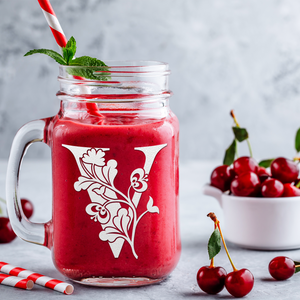 Monogram Blooming Floral Initial Letter V Etched on 16 oz Mason Jar Glass