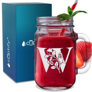 Monogram Blooming Floral Initial Letter W Etched on 16 oz Mason Jar Glass