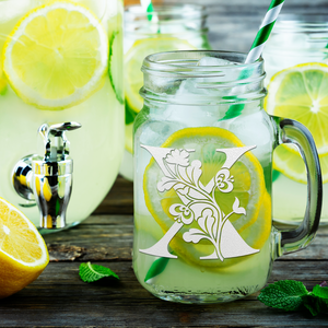 Monogram Blooming Floral Initial Letter X Etched on 16 oz Mason Jar Glass