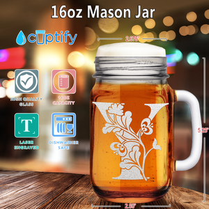 Monogram Blooming Floral Initial Letter Y Etched on 16 oz Mason Jar Glass