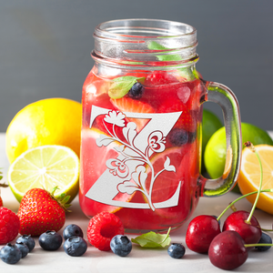 Monogram Blooming Floral Initial Letter Z Etched on 16 oz Mason Jar Glass