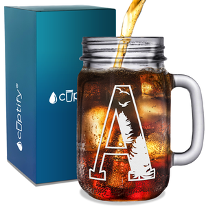 Monogram Forest Initial Letter A Etched on 16 oz Mason Jar Glass