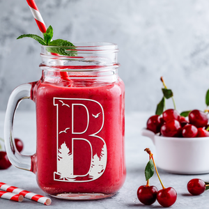 Monogram Forest Initial Letter B Etched on 16 oz Mason Jar Glass