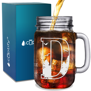 Monogram Forest Initial Letter D Etched on 16 oz Mason Jar Glass