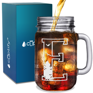 Monogram Forest Initial Letter E Etched on 16 oz Mason Jar Glass