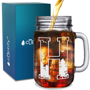 Monogram Forest Initial Letter H Etched on 16 oz Mason Jar Glass