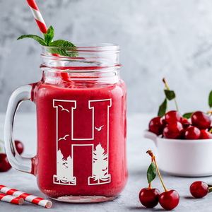 Monogram Forest Initial Letter H Etched on 16 oz Mason Jar Glass