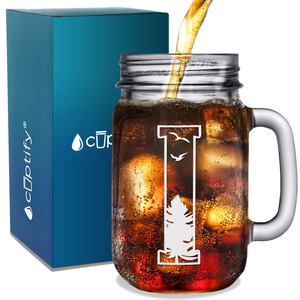Monogram Forest Initial Letter I Etched on 16 oz Mason Jar Glass