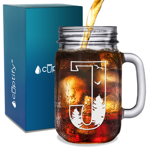 Monogram Forest Initial Letter J Etched on 16 oz Mason Jar Glass