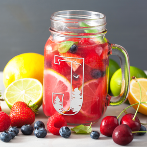 Monogram Forest Initial Letter J Etched on 16 oz Mason Jar Glass