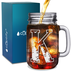 Monogram Forest Initial Letter K Etched on 16 oz Mason Jar Glass