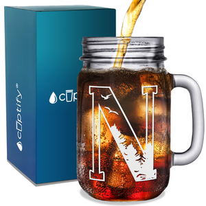 Monogram Forest Initial Letter N Etched on 16 oz Mason Jar Glass