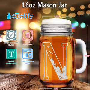 Monogram Forest Initial Letter N Etched on 16 oz Mason Jar Glass