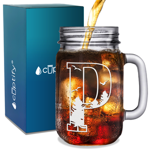 Monogram Forest Initial Letter P Etched on 16 oz Mason Jar Glass