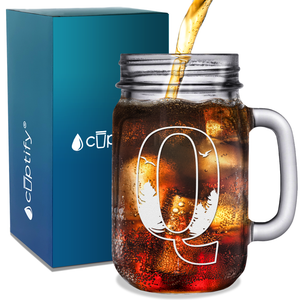 Monogram Forest Initial Letter Q Etched on 16 oz Mason Jar Glass