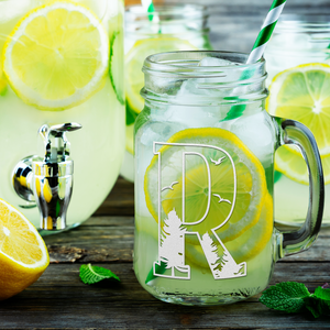 Monogram Forest Initial Letter R Etched on 16 oz Mason Jar Glass