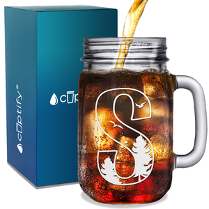 Monogram Forest Initial Letter S Etched on 16 oz Mason Jar Glass
