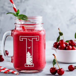 Monogram Forest Initial Letter T Etched on 16 oz Mason Jar Glass