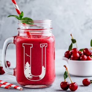 Monogram Forest Initial Letter U Etched on 16 oz Mason Jar Glass