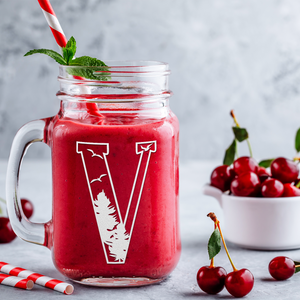 Monogram Forest Initial Letter V Etched on 16 oz Mason Jar Glass