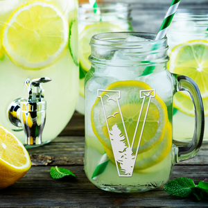 Monogram Forest Initial Letter V Etched on 16 oz Mason Jar Glass