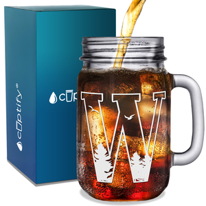 Monogram Forest Initial Letter W Etched on 16 oz Mason Jar Glass