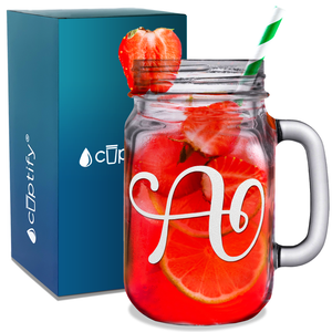 Monogram Curly Initial Letter A Etched on 16 oz Mason Jar Glass